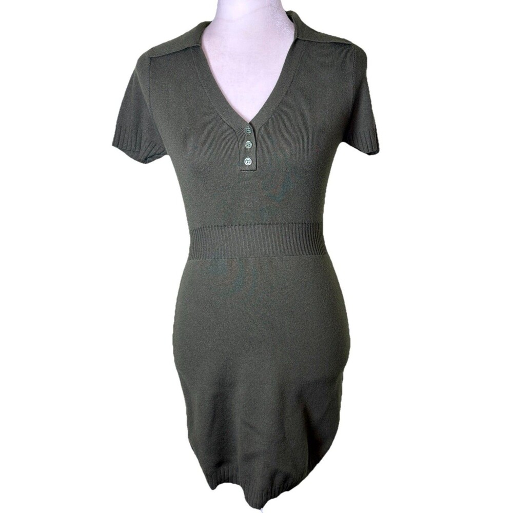 Lulus Women’s Green Ribbed Knit Polo Sweater Dress Y2K Preppy Quiet Luxury Sz XS